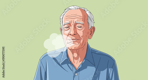 Illustration of an Elderly Man Exhaling Smoke with a Calm Expression.