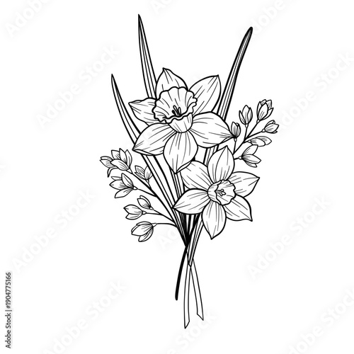 Hand drawn floral vector illustration of a blooming lily and lotus with black line art leaves for a natural spring garden pattern design