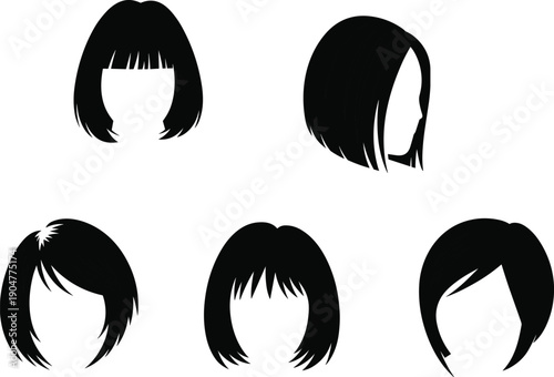 Minimalist female hairstyle silhouette icon set featuring short bob haircuts, modern fashion beauty vector illustrations on white background