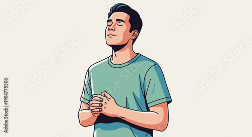 Man in contemplation with hands clasped in a serene pose.