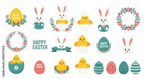 Comprehensive collection of happy easter themed icons including bunnies, chicks, decorated eggs, and floral wreaths.