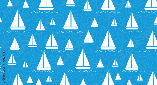 Seamless pattern design featuring numerous white sailing boats floating on a textured blue sea background for summer.