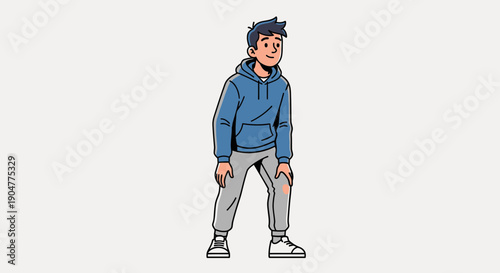 Man in hoodie and sweatpants standing with hands on knees.