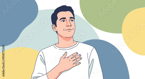 Man with Hand on Chest Expressing Sincerity and Gratitude.