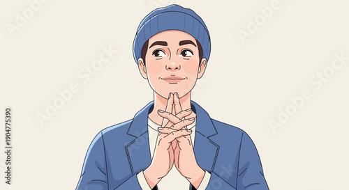 Pensive man in blue jacket and beanie contemplating a clever idea.