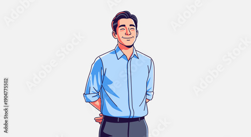 Smiling Man in Blue Shirt with Hands Behind Back Illustration.