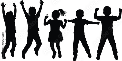 Silhouette of joyful children jumping together outdoors, celebrating happiness, playful energy, childhood freedom, teamwork, fun, recreation, lifestyle