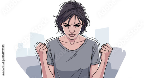 Woman with clenched fists expressing anger and frustration.