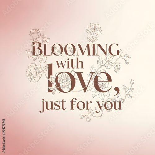 Elegant floral typography design with a romantic message 'BLOOMING with love, just for you' on a soft gradient background.