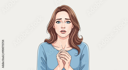 Worried Woman with Clasped Hands and Anxious Expression.
