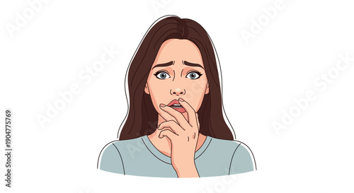Worried Woman with Hand to Mouth Expressing Fear.