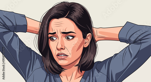 Worried Woman with Hands Behind Head Expressing Anxiety and Concern.