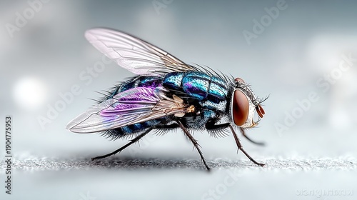 Detailed close-up of a vibrant, iridescent fly showcasing intricate wing patterns.