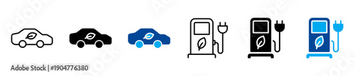 Electric car icon illustration. Charging station, eco-friendly, vehicle, technology, electric plug, green energy, and transport vector icons. Solid and stroke icon