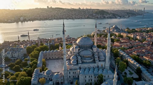 Aerial View of Suleymaniye Mosque and Bosphorus Strait in Istanbul, Turkey at Sunset.