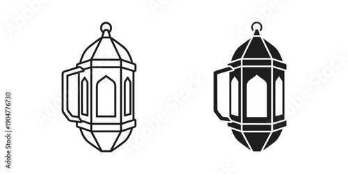 A pair of decorative lanterns are displayed in black and white one as a line drawing and the other fully shaded high quality professional detailed modern