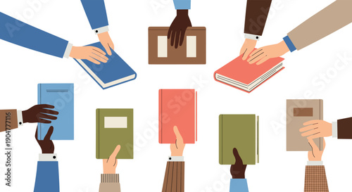 Diverse hands of people holding various books in a circle for community learning education knowledge sharing and literary group studies.