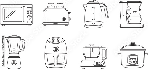 Set of kitchen appliances including a microwave, toaster, kettle, blender, air fryer, rice cooker, and more