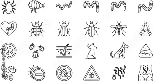 Collection of various insects, pets, and warning symbols in black and white line art style