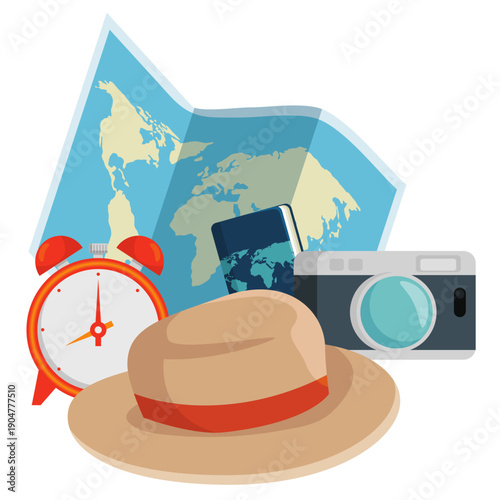 A traveler prepares for a journey with a map, camera, and hat.