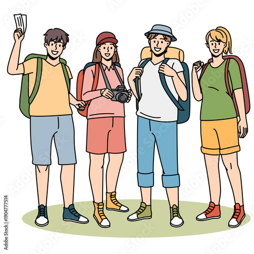 Four friends with backpacks standing together on a map