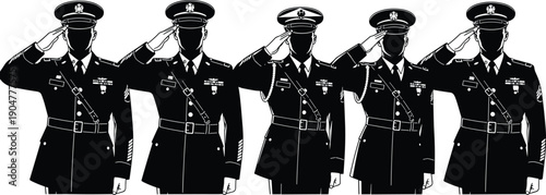 Black and White Vector Illustration of Five Military Officers in Uniform Saluting for Army Defense Veterans Day and National Service Honor Designs