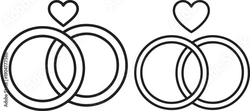 Interlocking wedding rings with a heart symbol, representing love, commitment, and marriage in a simple outline style.