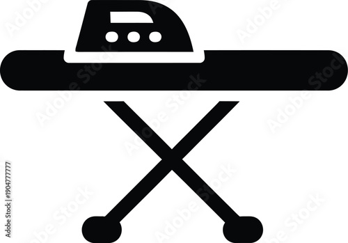 A black silhouette icon showing an iron on an ironing board with x-shaped legs.