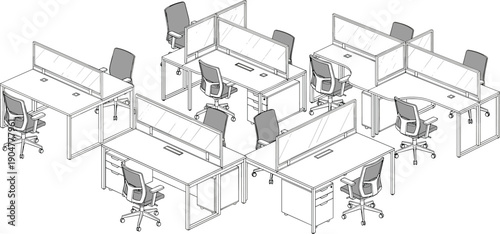 Isometric vector illustration of modern office workstation set including desks with glass partitions, ergonomic chairs, and drawers for corporate workspace.