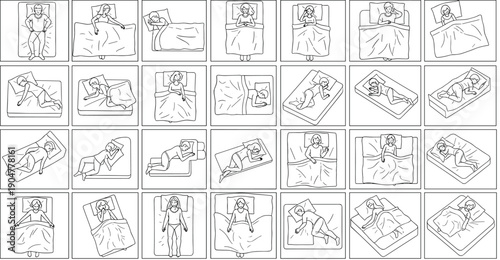 Collection of sleep positions icons, top view people sleeping postures, bedtime ergonomics, healthy rest, insomnia concept, bedroom illustration set bundle