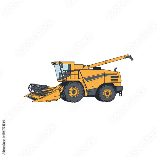 An illustration of a yellow combine harvester machine in action on a farm.