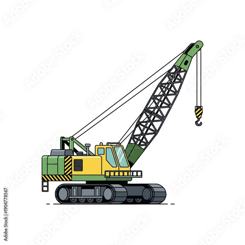 A green and yellow mobile crane with a hook is lifting heavy loads on a construction site outdoors.