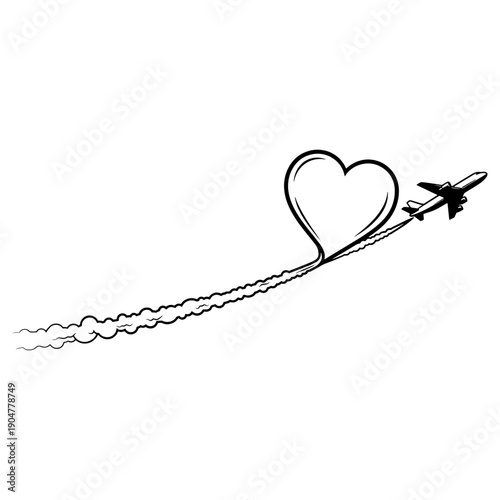 A heart-shaped love symbol with an airplane flying away, representing departure or longing