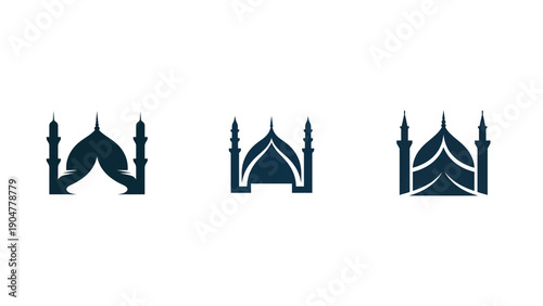 Three blue mosque silhouettes on a black background on transparent background