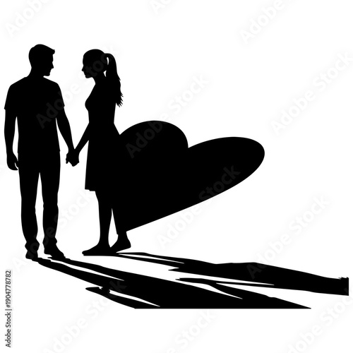 Silhouette couple walking hand in hand during sunset casting long shadows