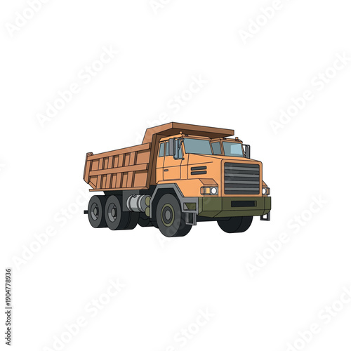An illustration shows a large orange dump truck on a road in a landscape view.