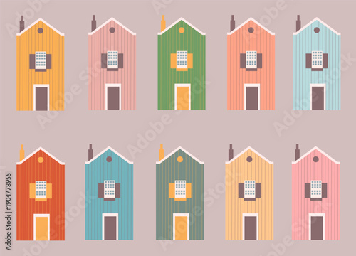 Small colorful houses hand-drawn on a gray background, vintage dollhouse style. Suitable for stickers, icons, covers, books, and illustrations.