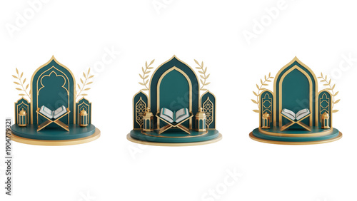 Three teal and gold Islamic decorative bookstands on transparent background