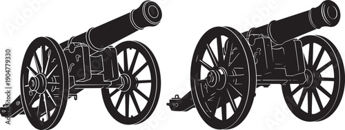 Antique cannon illustration, a historical war weapon, shown in a realistic silhouette for vintage or military themes.