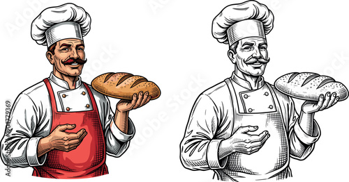 Professional baker character in chef hat and apron gesturing toward fresh sourdough bread loaf in a detailed vintage engraved illustration style.