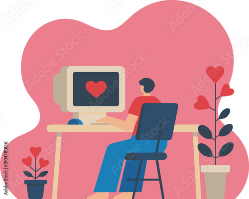 Diverse people working from home on computers with heart shaped backgrounds for Valentines day dating concept and remote office work flat vector illustration