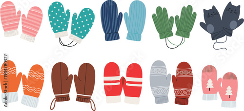 Set of colorful winter mittens with various patterns like polka dots and stripes for cold weather holiday season fashion.