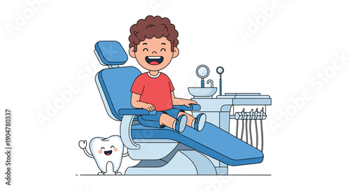 A cheerful young boy with curly hair happily sitting in a blue dental chair next to a friendly, smiling cartoon tooth