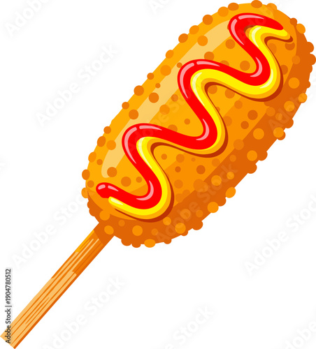 Crispy Korean corn dog illustration with panko crust and ketchup mustard swirls for street food menus,