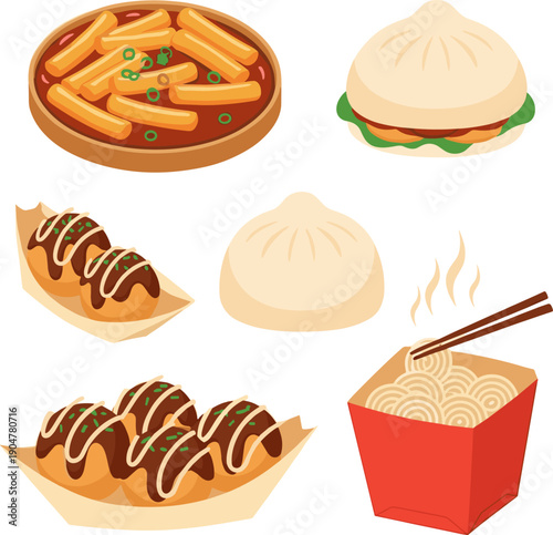 Detailed Asian street food set with Tteokbokki Takoyaki steamed buns and takeout noodles for food delivery
