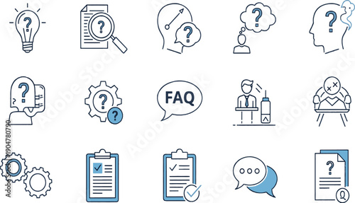 Print Cognitive Support and FAQ Information Icon Set Featuring Intellectual Inquiry Problem Solving Tools and Academic Documentation Symbols