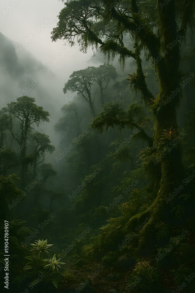 Obraz premium Cloud forest on steep slopes with mossy trees, drifting fog, epiphytes, and soft mystical light