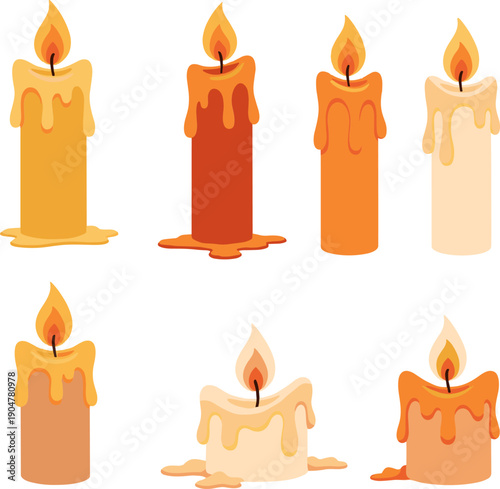 Melting pillar candle set with dripping wax and flickering flames in autumn terracotta and amber tones,