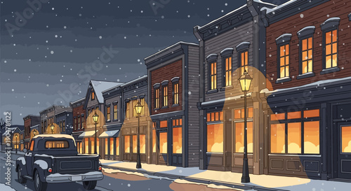 Snowy town street at night with lit buildings and a parked truck under snowfall, conveying a serene winter wonderland scene.