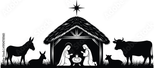 Black Silhouette Vector Illustration of a Nativity Scene Featuring Mary Joseph Baby Jesus and Farm Animals for Christmas and Holy Religious Holiday Designs